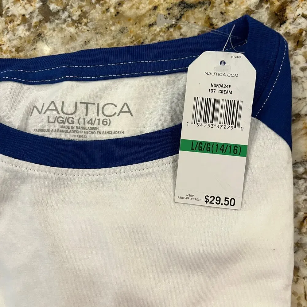 NWT Nautica Boys' White & Blue W/Logo Baseball Tee - SIZE LG (14/16)
